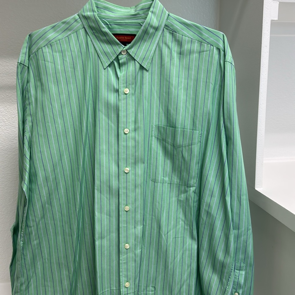 Austin Reed Men’s XL Button Down Long Sleeve Green Blue Stripe 100% Cotton Shirt - Picture 2 of 16